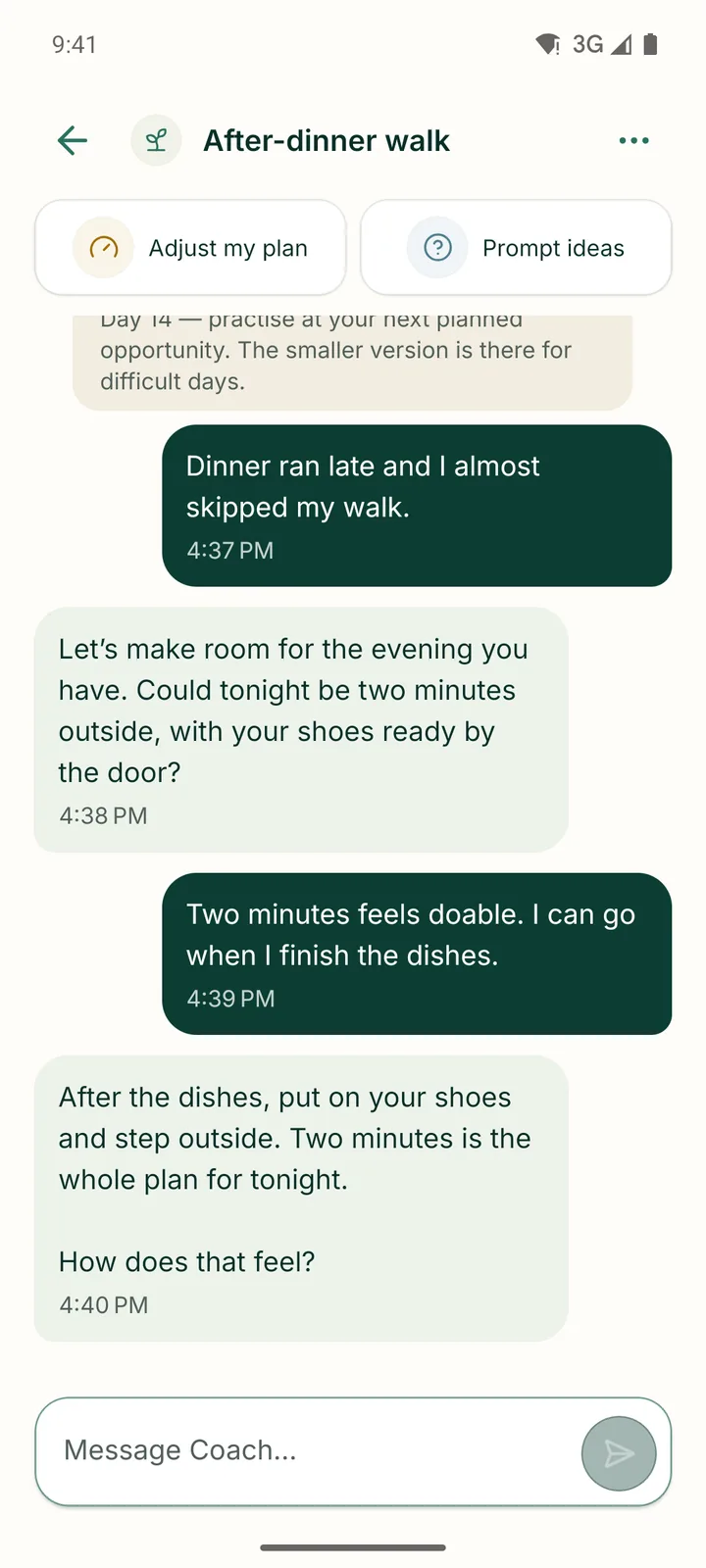 Meliorly Coach conversation adjusting a walking habit.