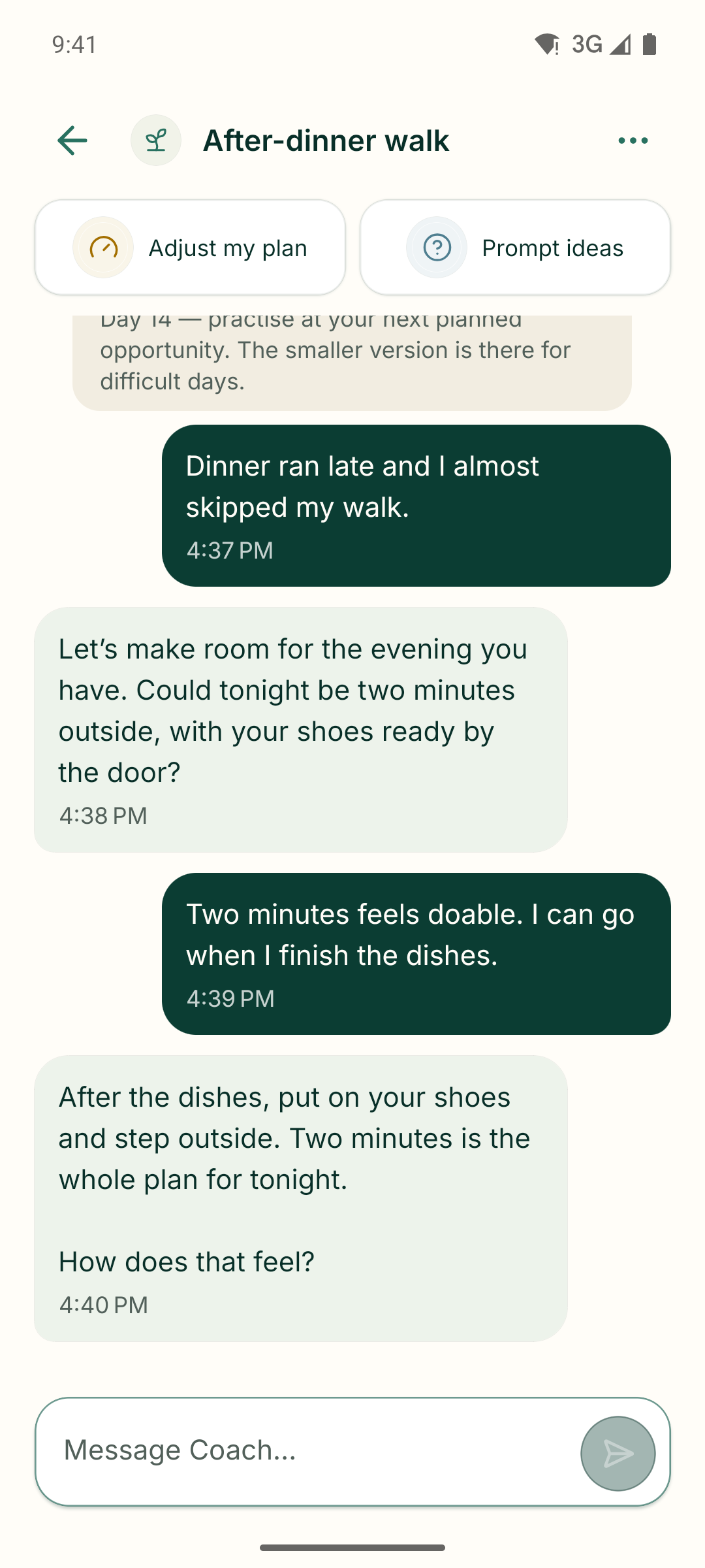 Meliorly Coach conversation helping make an after-dinner walk easier to repeat.