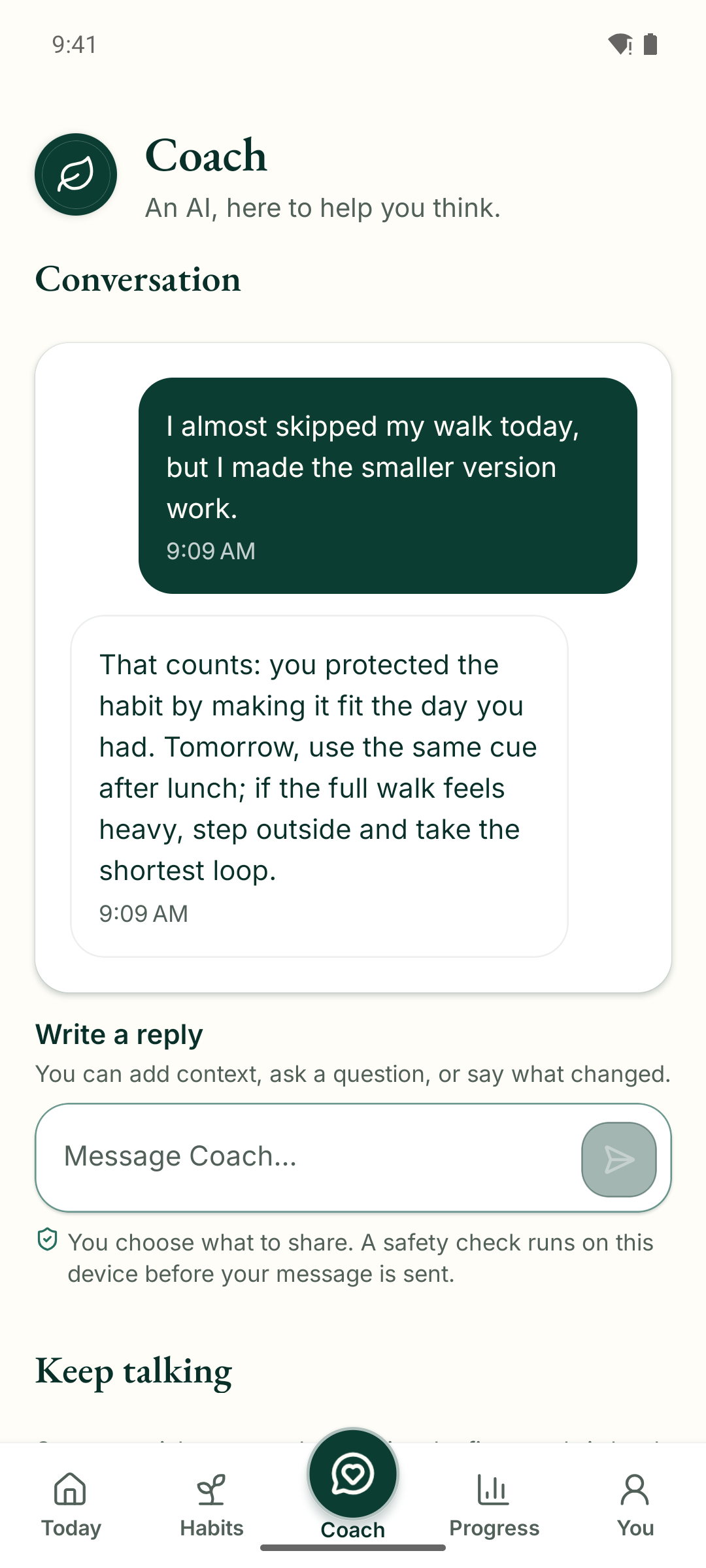 Real Meliorly Coach screen with personal habit guidance.