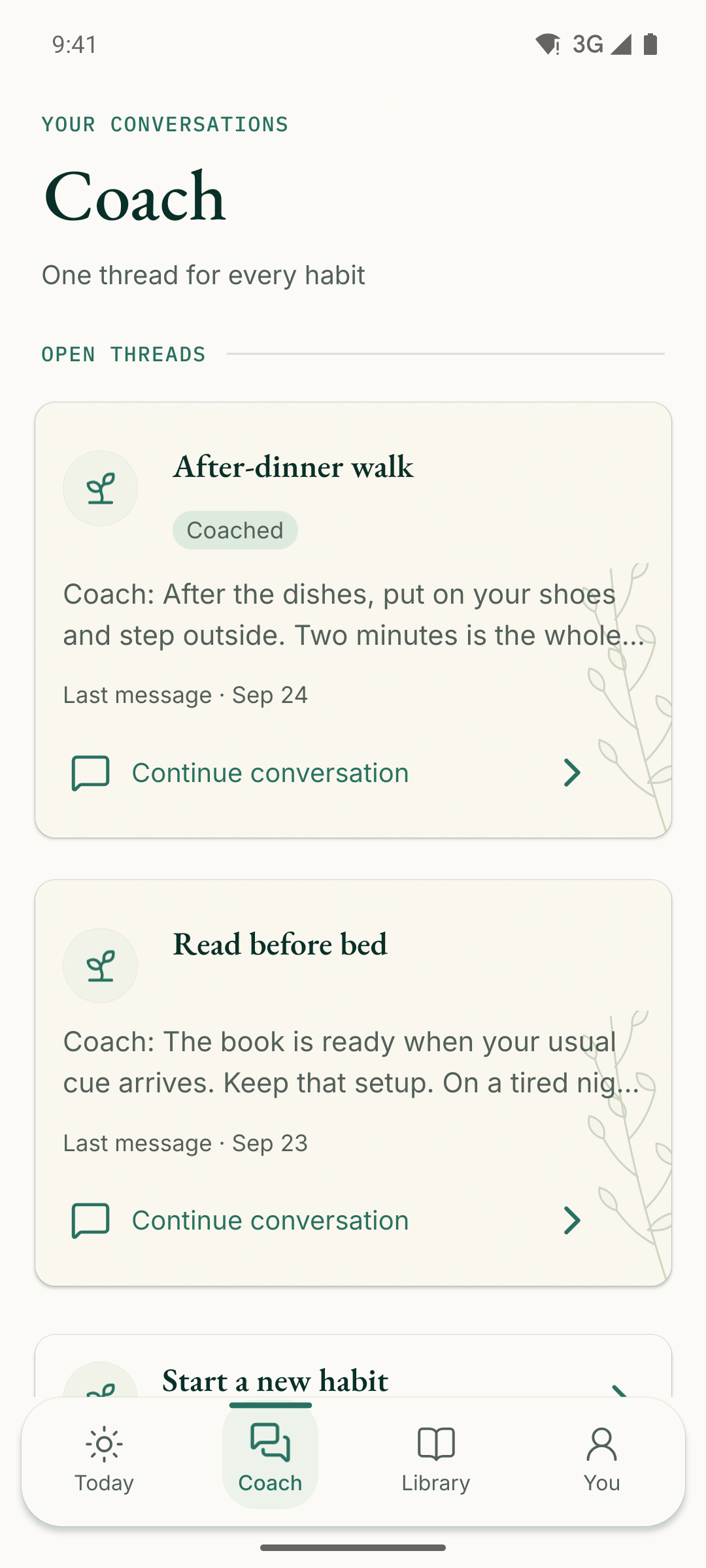 Meliorly Coach inbox with one conversation for each habit.