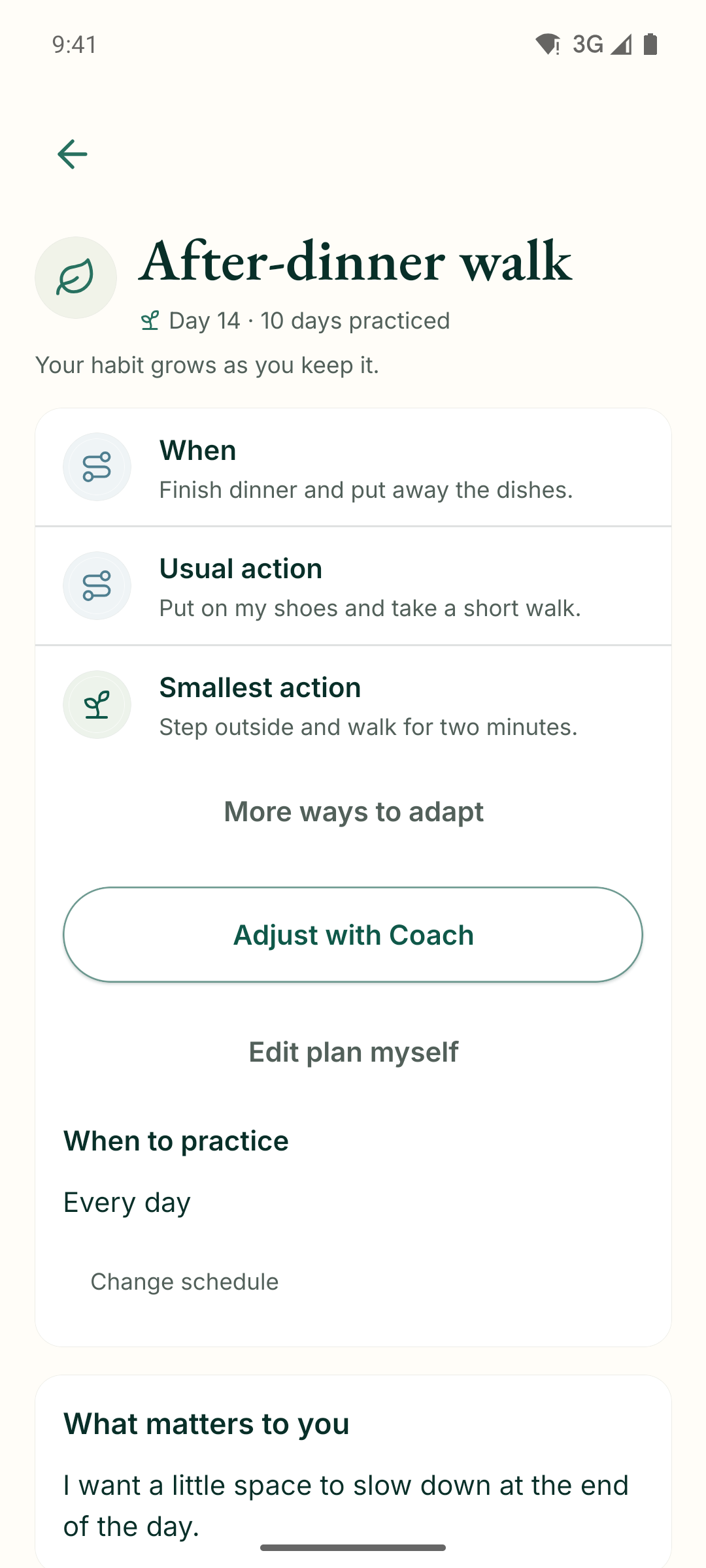 Meliorly habit detail screen with a reminder, a month of practice, and a note about pace.