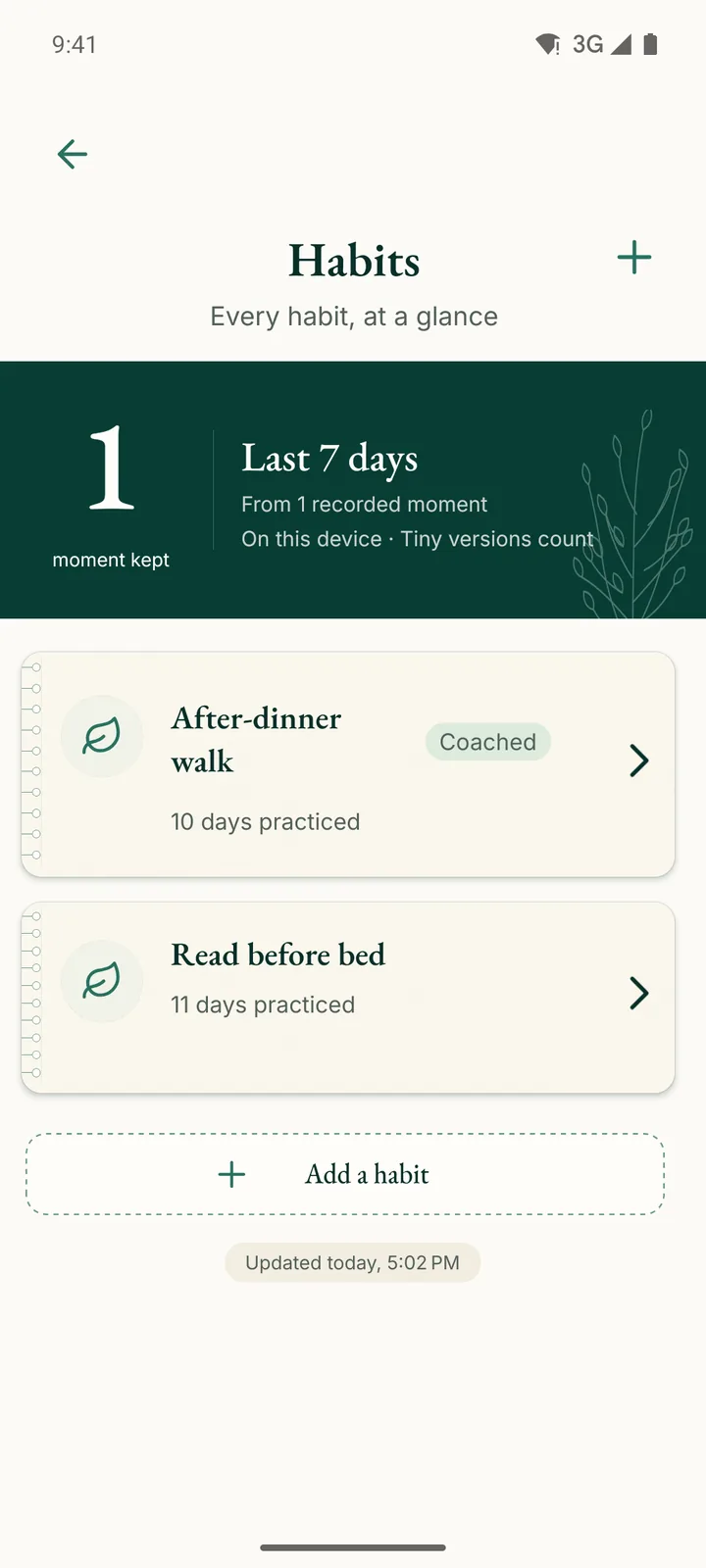 Meliorly Habits screen showing a weekly summary and active habits.
