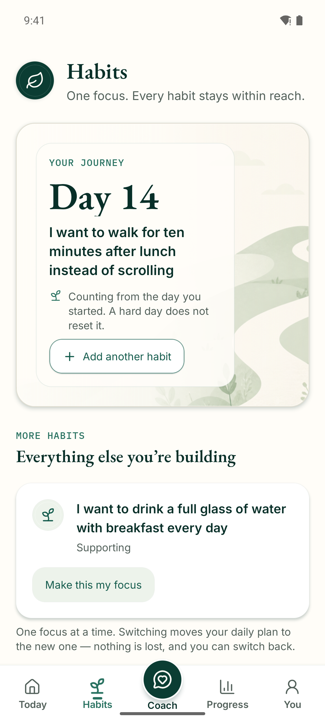 Meliorly Habits screen with an active focus and supporting habits.