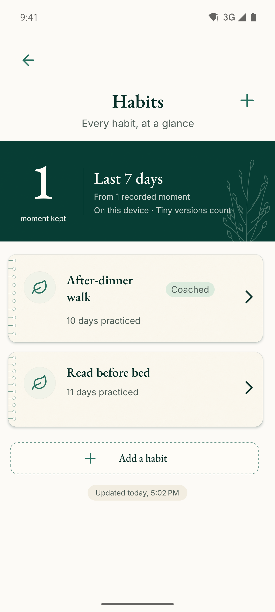 Meliorly Habits screen with a weekly summary and two active habits.