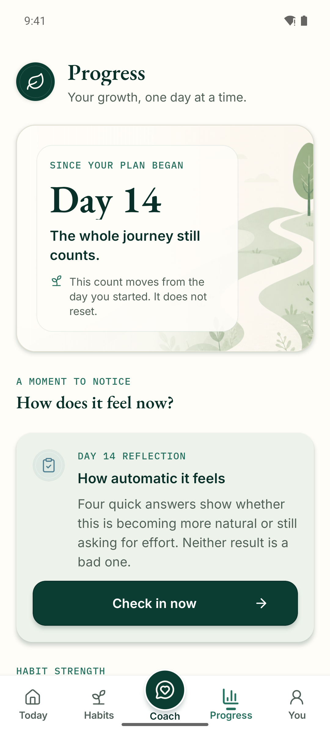 Meliorly Progress screen with habit-change progress and reflections.