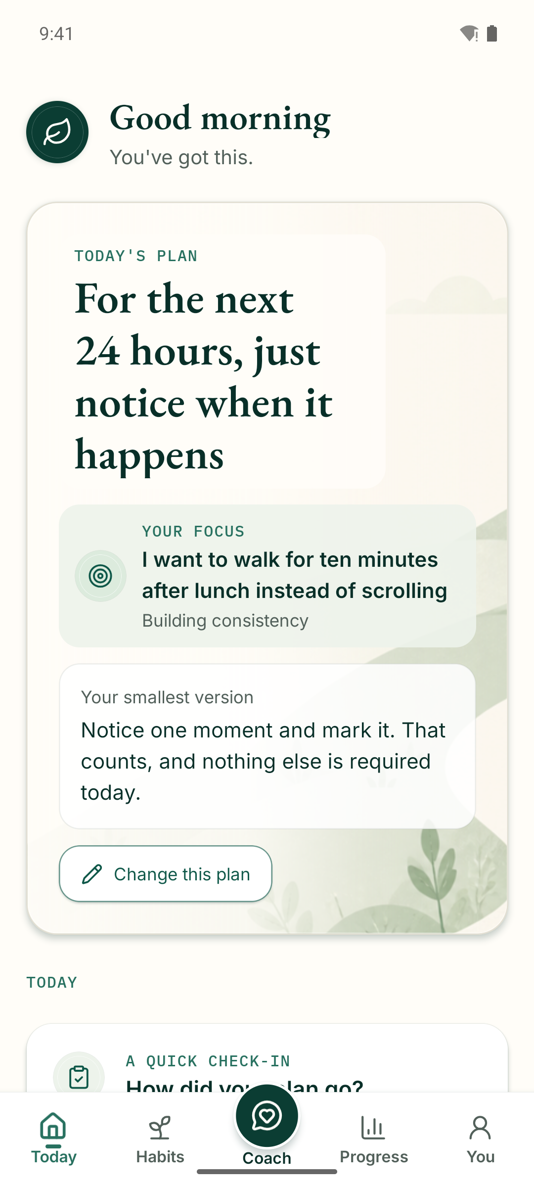 Real Meliorly Today screen with a daily habit plan.