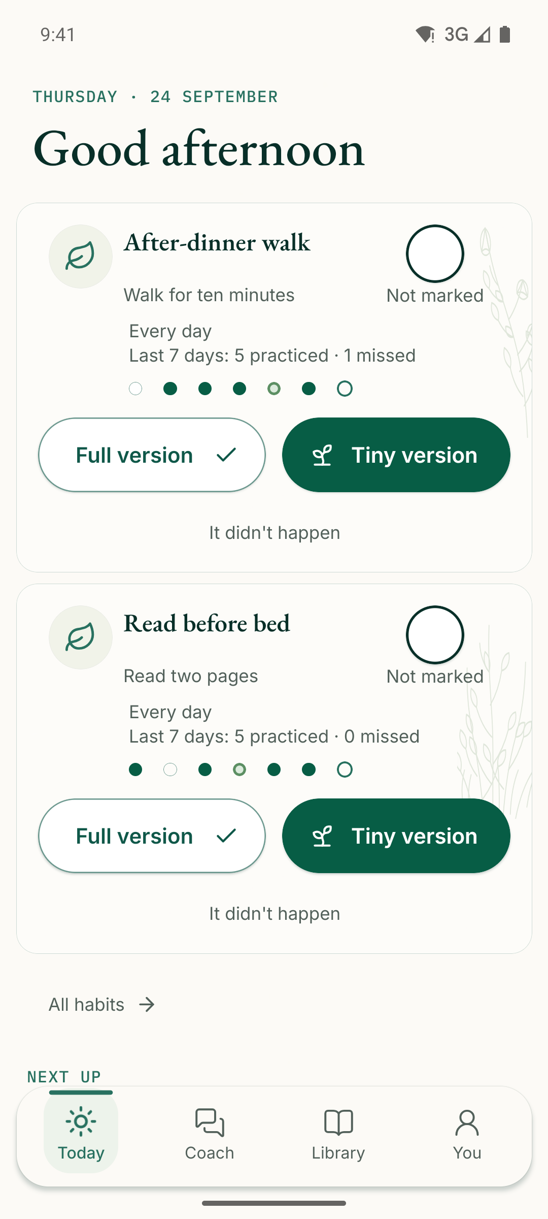 Real Meliorly Today screen with two small habit check-ins.